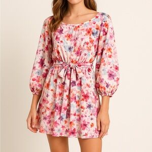 ANDAMANE Pink Floral Doina Long-Sleeve Mini Dress‎